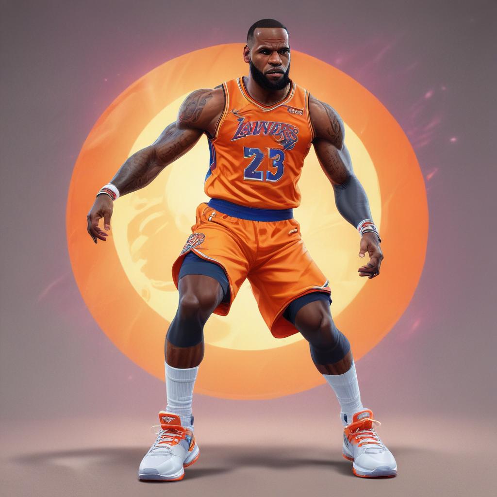 distance-shot, flashy, full-body, dynamic, holographic, animated cartoon poster of lebron james in the style of dragon ball super