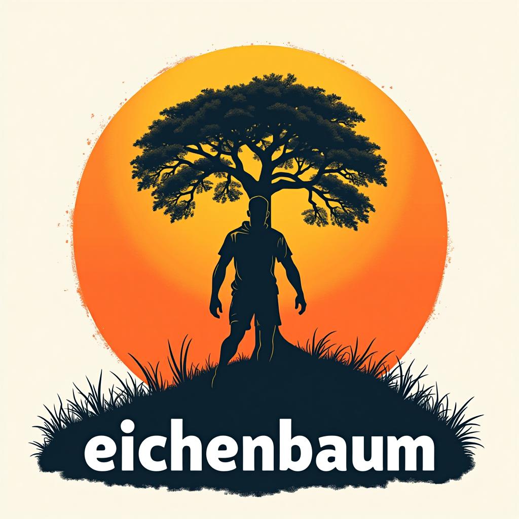  design a logo, in a realism style. sportlicher deutscher mann unter einem eichenbaum im sonnenaufgang , with the text 'eichenbaum '.