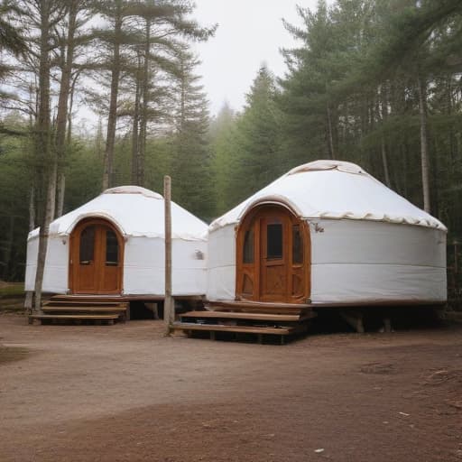 Produce a panoramic photo of three white 30 foot round yurts with brown wood, framed doors and windows sitting on wooden decks in the forest just above a beach each at a slightly different elevation