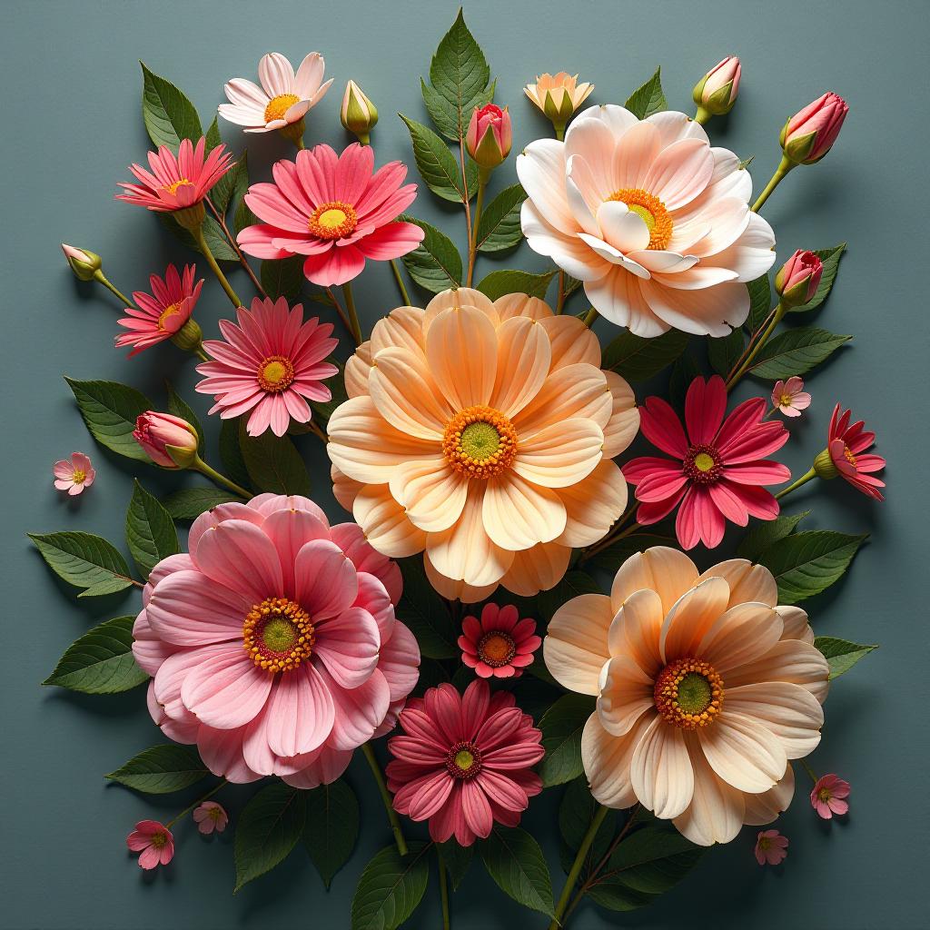  a postcard with a flat image of multicolored flowers. hyperrealistic, full body, detailed clothing, highly detailed, cinematic lighting, stunningly beautiful, intricate, sharp focus, f/1. 8, 85mm, (centered image composition), (professionally color graded), ((bright soft diffused light)), volumetric fog, trending on instagram, trending on tumblr, HDR 4K, 8K