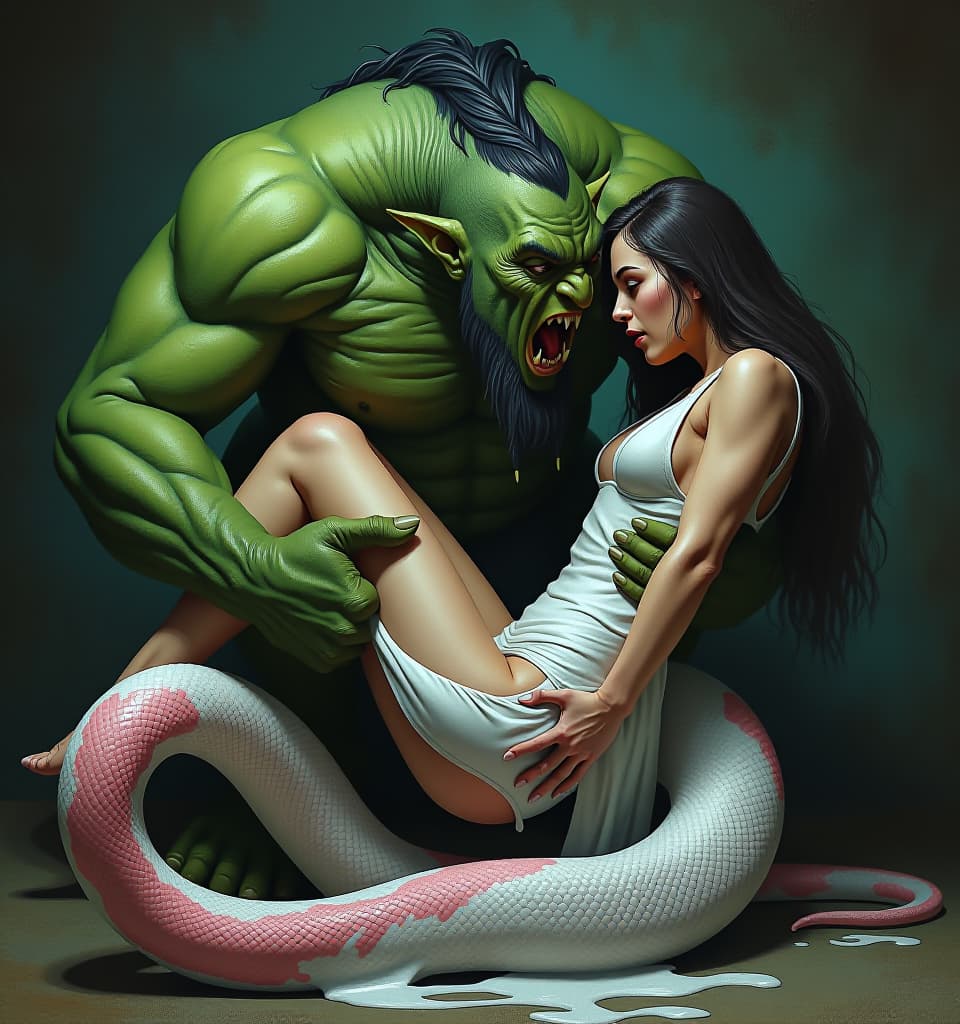  horror themed fantasy picture. dark fantasy. fantasy picture. dark fantasy. huge green orc makes love to big, long, graceful and white and pink snake (beautiful with firm s, beautiful face, long hair, snake body below the belt) and impregnates her. orc squeezes white and pink snake body and drags snake under his bandage. orc lubricates snake body with white slime. there is a lot of slime. orc bends down and bites tender snake body with fanged mouth . eerie, unsettling, dark, spooky, suspenseful, grim, highly detailed