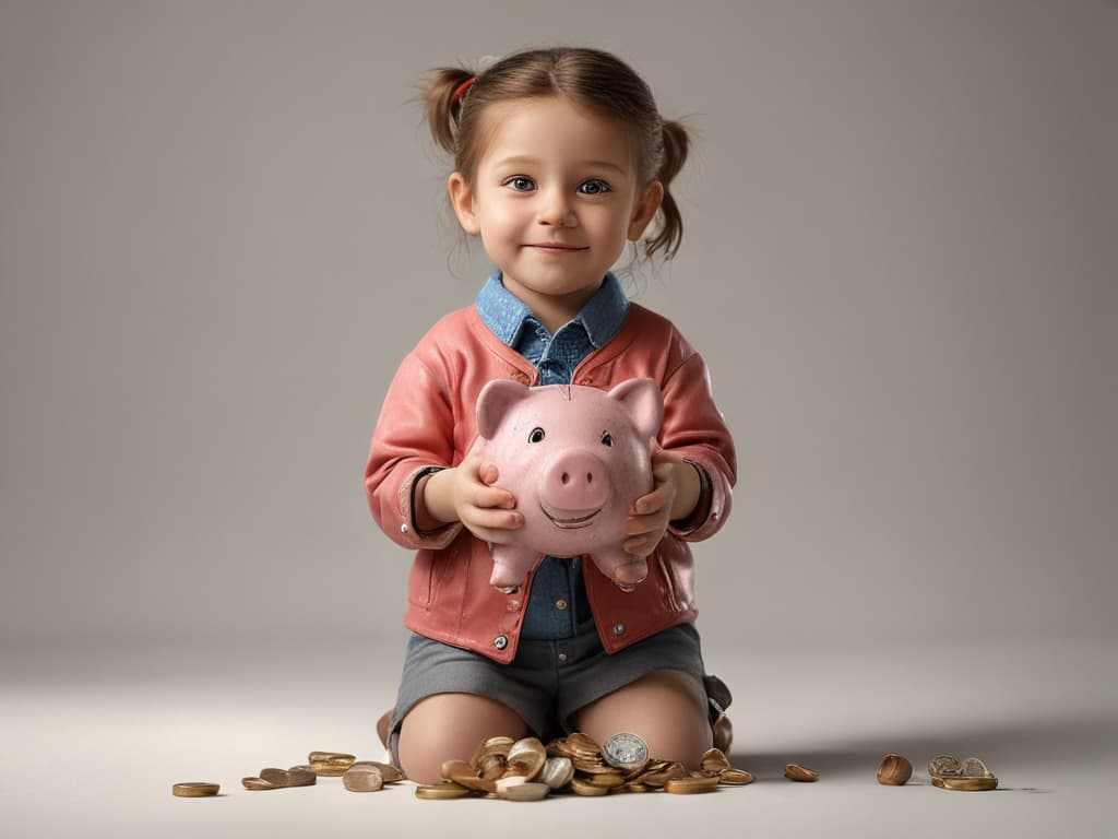 ultra realistic ((ultra realistic ((a child happily holding a piggy bank filled with coins)))) hyperrealistic, full body, detailed clothing, highly detailed, cinematic lighting, stunningly beautiful, intricate, sharp focus, f/1. 8, 85mm, (centered image composition), (professionally color graded), ((bright soft diffused light)), volumetric fog, trending on instagram, trending on tumblr, HDR 4K, 8K