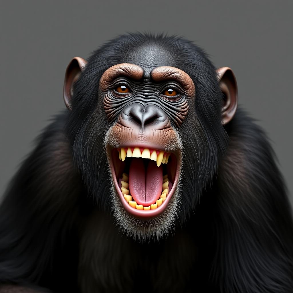  portrait a chimpanzee primate laughing broadly on a gray background