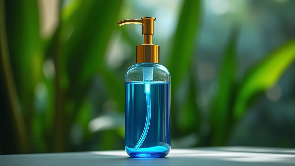  blue pump bottle with gold top on a table in front of tropical plants, high quality, high details, hd, perfect composition, 4k epic detailed, highly detailed, sharp focus, high resolution