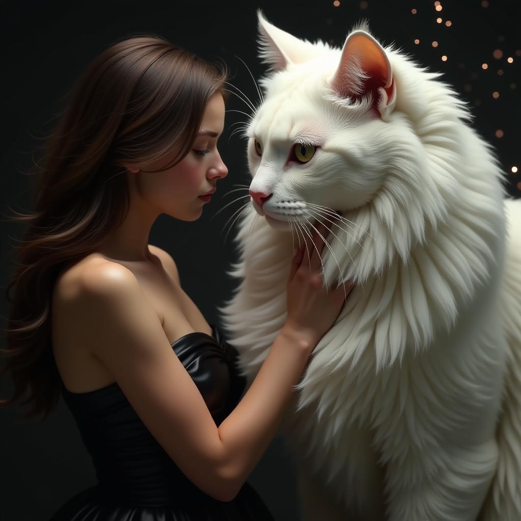  hyperrealistic art a beautiful brown haired girl in a black silk dress,stroking the chest of a huge white cat ,the cat is several times taller than her,the background is dark with sparkling particles ,realism,hd quality ,cinematic style quality . extremely high resolution details, photographic, realism pushed to extreme, fine texture, incredibly lifelike