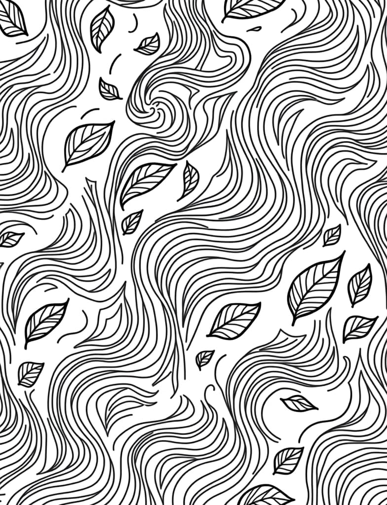  a whimsical pattern of swirling wind and floating leaves, black and white line art on a white background, for an adult coloring page.