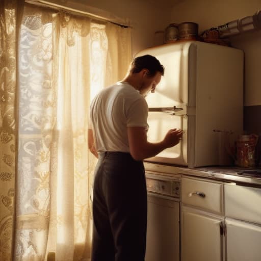 A photo of a skilled appliance technician meticulously repairing a vintage refrigerator in an old-fashioned retro kitchen during the soft glow of late afternoon sunlight filtering through lace curtains.