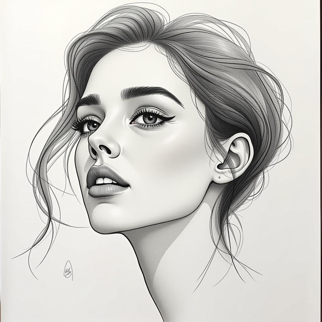  sketch of a woman's face, expressive line work, in the style of beautiful portraits, include the finest details, full face in view.