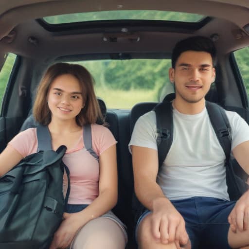 Casal em cima de um carro com mochilas