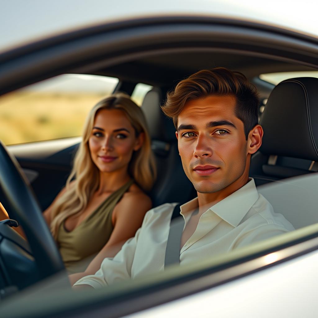  make an image of a blonde haired woman with brown eyes and tan olive with a tan skinned guy with brown hair driving a white lamborghini