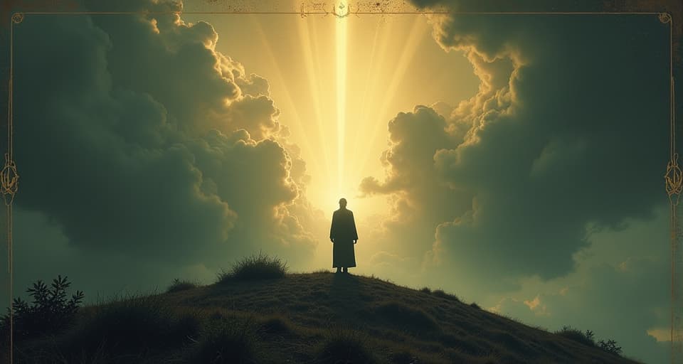  rays of divine light shining through clouds, illuminating a lone figure standing on a hill, ethereal glow, serene, holy presence. an illustration in the style of a worn, mystical old tarot trump card, mysterious and elements of surrealism. the colors are muted, somber and eerie, but with contrast bring out an occult and esoteric vibe.