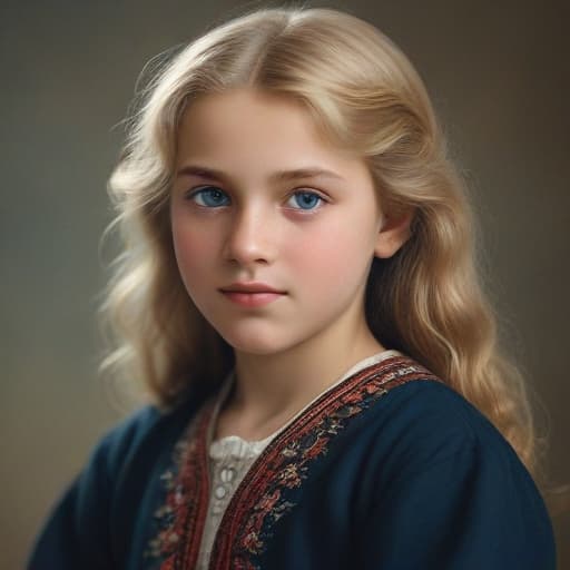 realistic style, Anatolian girl, thirteen years old, with dark blue eyes and blond hair, early 20th century in charshaf