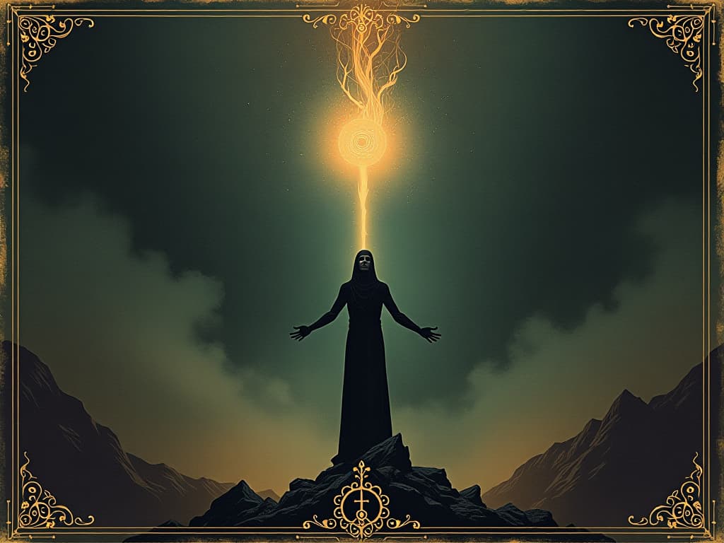  a figure standing tall, light emanating from their core, surrounded by symbols of elevation and transformation, contrasted against a dark background, empowering, resolute. an illustration in the style of a worn, mystical old tarot trump card, mysterious and elements of surrealism. the colors are muted, somber and eerie, but with contrast bring out an occult and esoteric vibe.