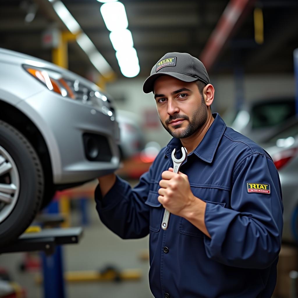  mechanic is holding wrench in the hand, repair service at car workshop garage