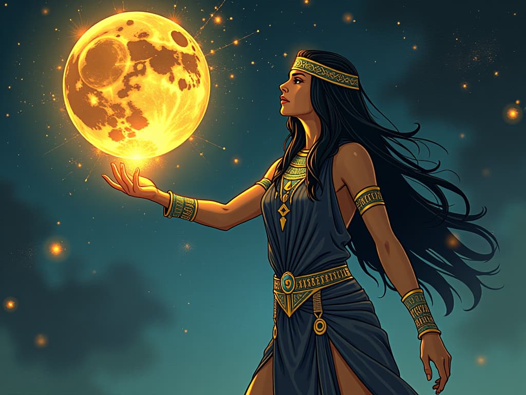  sorceress in a tight, mystical gown, hands glowing with energy, directing it towards a celestial object, symbolizing harnessing the energy of intention. the style is digital art illustration / modern comic book / mysterious occult, symbolic, esoteric vibe,high detail on character design, incorporating ancient egyptian symbology and attire.