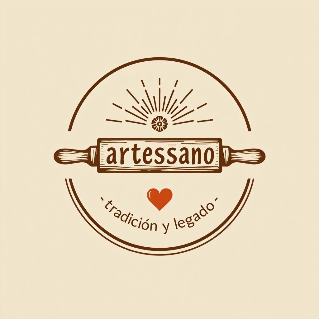  design a logo, in a pencil style. “artessano” simple and elegant design circular design light and brown tones use a rolling pin image , with the text 'tradición y legado'.