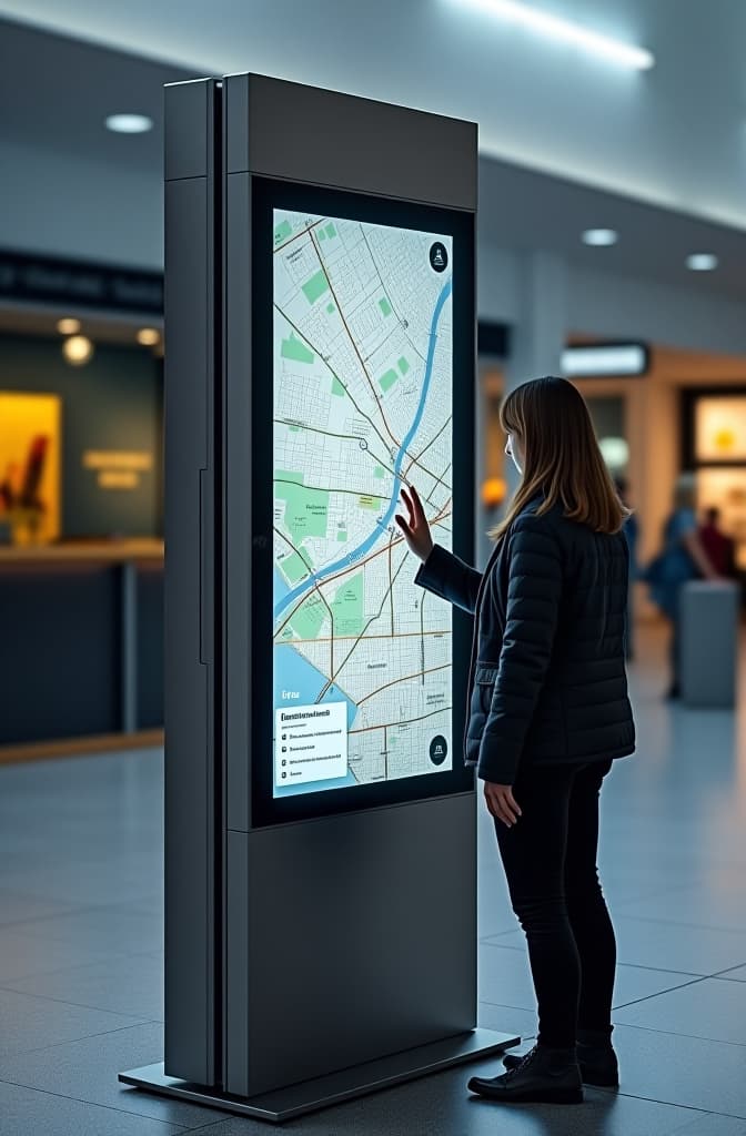  um totem vertical de 1,80 metros com uma tela touchscreen de alta resolução, ocupando 70% da superfície frontal, exibindo um mapa digital interativo. o totem tem uma base de aço escovado robusta, botões físicos para audiodescrição e comandos de voz, além de uma barra de braille a 90 cm do chão. sensores de proximidade ajustam a altura da tela para usuários em cadeiras de rodas. na lateral, há qr codes para integração com smartphones. o design é minimalista, em cinza escuro com detalhes inspirados na cultura local, e possui iluminação led suave ao redor da tela e no topo. hyperrealistic, full body, detailed clothing, highly detailed, cinematic lighting, stunningly beautiful, intricate, sharp focus, f/1. 8, 85mm, (centered image composition), (professionally color graded), ((bright soft diffused light)), volumetric fog, trending on instagram, trending on tumblr, HDR 4K, 8K