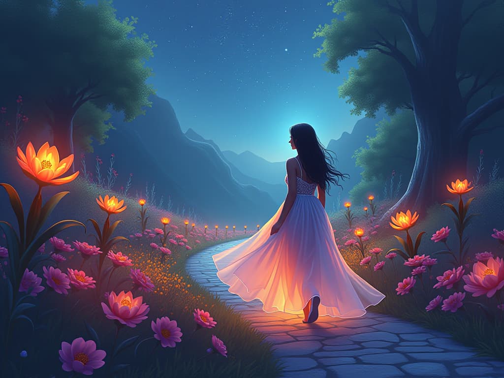  a serene and enchanting landscape where the path is filled with colorful, glowing flora. an ethereal figure dressed in a luminescent gown walks, showing deep fulfillment and connection to the fantasy surroundings, under a starlit sky.. the style is digital art illustration,highly detailed, whimsical,magical, dreamlike atmosphere, realism and fantasy blend, smooth, glossy textures,luminous quality, wonder and enchantment.