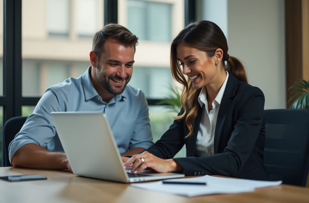  professional detailed photography, two busy happy professional business people, man and woman, working on laptop computer at desk and discussing financial project at meeting in office. ar 3:2, (muted colors, dim colors, soothing tones), (vsco:0.3)