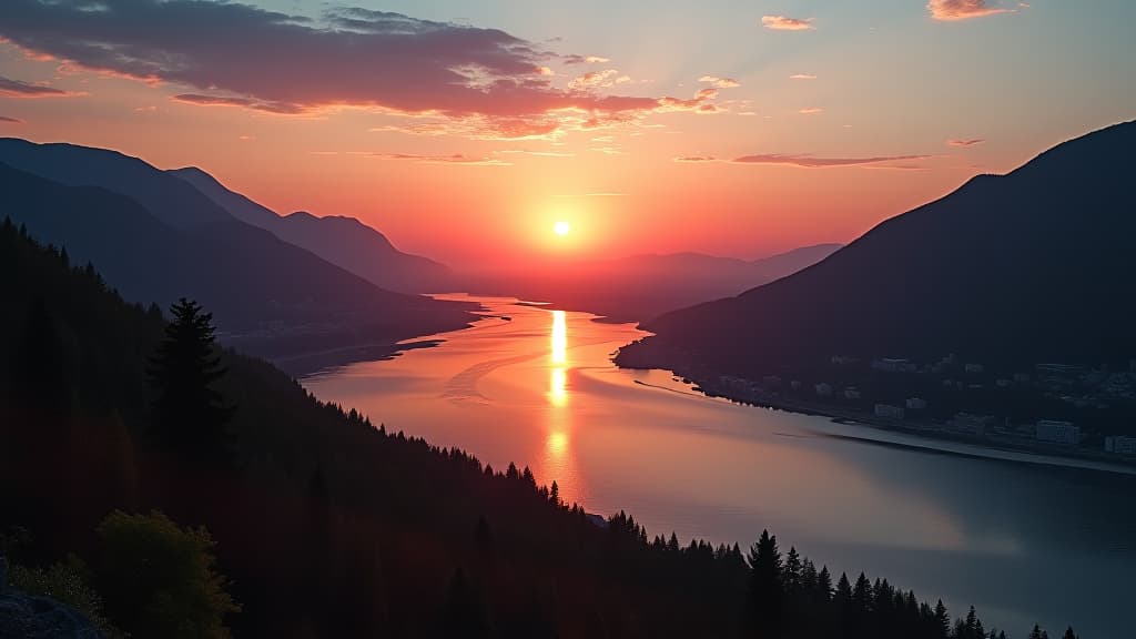  sunset over the river ai generative hd 8k wallpaper stock photographic image. sunrise over the mountains and river 4k hd quality photo. beautiful landscape wallpaper, hd background wallpaper,