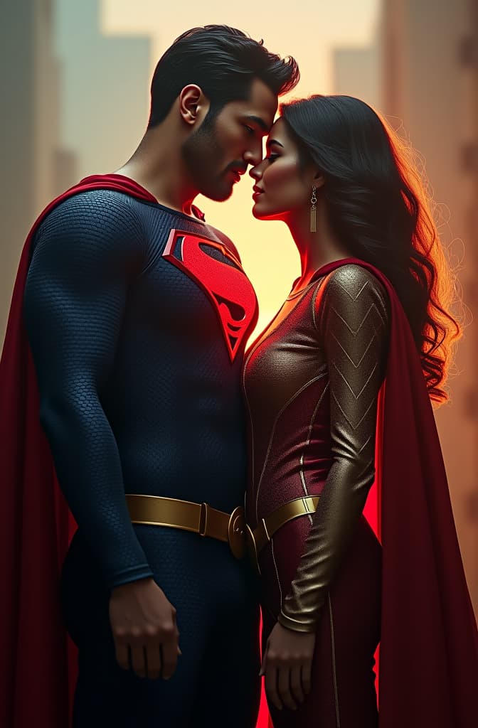  full body couple superhero character hyperrealistic, full body, detailed clothing, highly detailed, cinematic lighting, stunningly beautiful, intricate, sharp focus, f/1. 8, 85mm, (centered image composition), (professionally color graded), ((bright soft diffused light)), volumetric fog, trending on instagram, trending on tumblr, HDR 4K, 8K