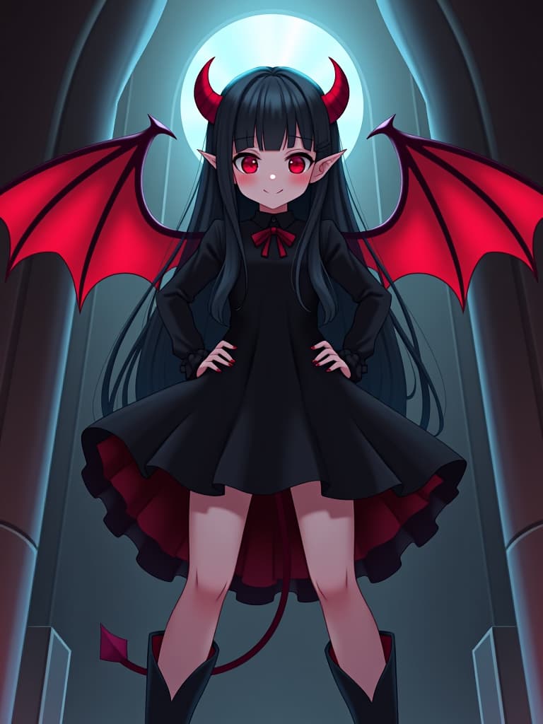  (masterpiece,highres),((extremy fine ilration)),(cinematic angle,from below,indoor,devil castle),solo,,2,devil ,devil horns,devil wings,devil tail,kawaii,beauty,blush,wince,sadistical grin,parted lips,puffy lips,red eyes,big eyes,droped eyes,healthy body,disproponaite s,,skindentation,black hair,long hair,two side up,half updo,blunt bangs,long sidelocks,low tied sidelocks, goth fashion,gothic ta,black dress,long sleeves,frilled dress,platform boots,standing,open stance,legs apart,bent over,both hands on hip,head down,looking at viewer,