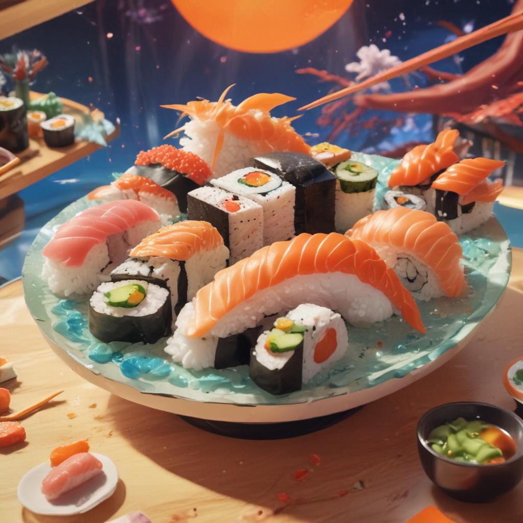 distance-shot, flashy, full-body, dynamic, holographic, animated cartoon poster of sushi scene in the style of dragon ball super