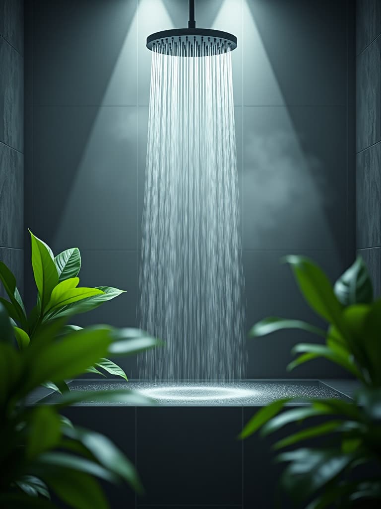  high quality portrait photo of a rainfall shower head with steam rising, surrounded by lush green plants and natural stone tiles hyperrealistic, full body, detailed clothing, highly detailed, cinematic lighting, stunningly beautiful, intricate, sharp focus, f/1. 8, 85mm, (centered image composition), (professionally color graded), ((bright soft diffused light)), volumetric fog, trending on instagram, trending on tumblr, HDR 4K, 8K