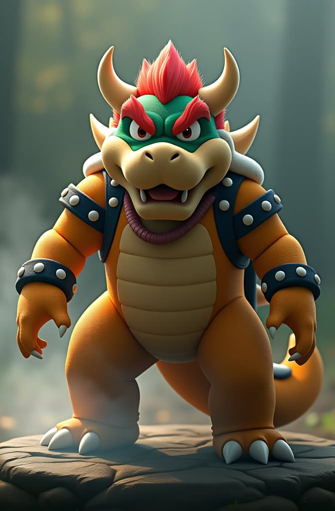  show me how to defeat bowser hyperrealistic, full body, detailed clothing, highly detailed, cinematic lighting, stunningly beautiful, intricate, sharp focus, f/1. 8, 85mm, (centered image composition), (professionally color graded), ((bright soft diffused light)), volumetric fog, trending on instagram, trending on tumblr, HDR 4K, 8K