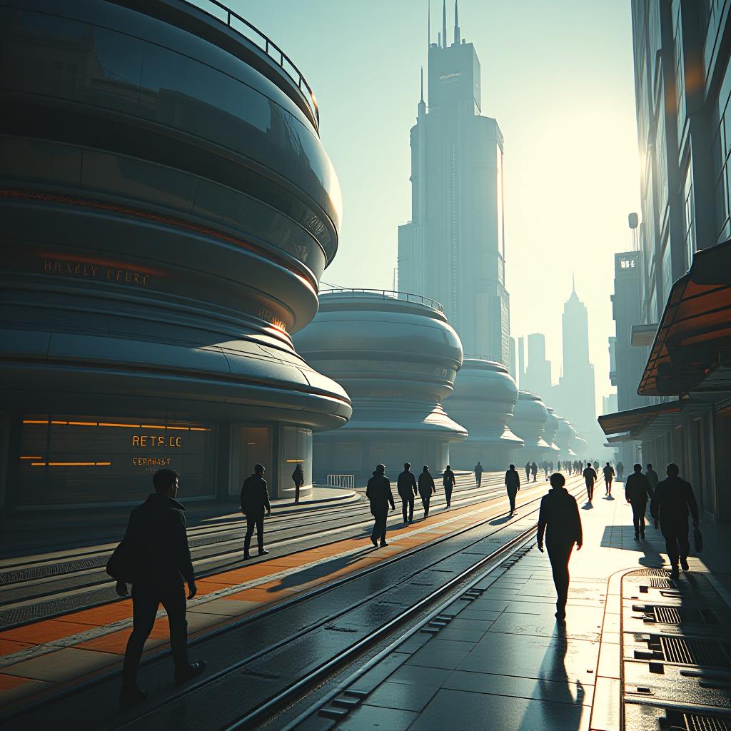  a futuristic cityscape with sleek robotic inhabitants going about their daily lives, metallic structures gleaming in the sunlight.hyper detail, intricate details, sharp focus, high resolution, 8k, ultra detailed, vib