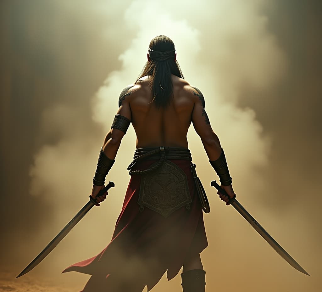  an ancient warrior in open muscular body, holding swords in both hands, depicted from the back view in a smoke filled environment.