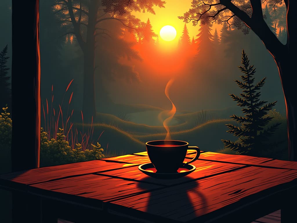  morning sun casting a golden glow, steaming tea cup on a rustic wooden table, tranquil garden view, serenity in simplicity. the style is digital art illustration / modern comic book / graphic dark novel fantasy and mysterious occult, symbolic, moody lighting, esoteric vibe,high detail on character design. for the color scheme emphasize blacks and reds.