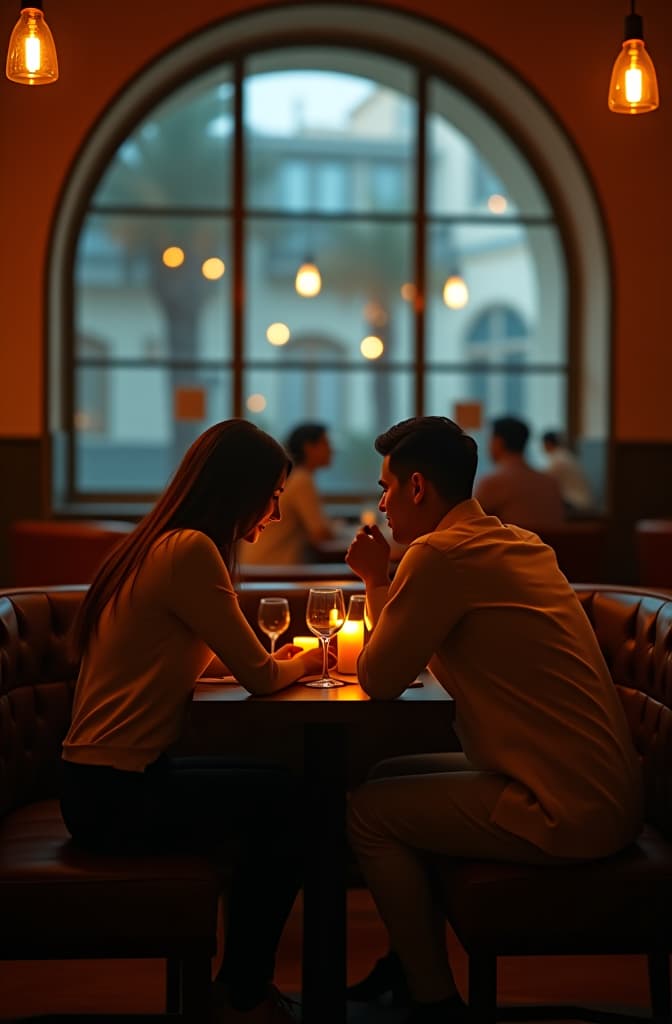  una pareja sentada en el fondo de un restaurant con unas ventanas altas que dejan entrar la lus que los iluminan y estan rodeados de gente hyperrealistic, full body, detailed clothing, highly detailed, cinematic lighting, stunningly beautiful, intricate, sharp focus, f/1. 8, 85mm, (centered image composition), (professionally color graded), ((bright soft diffused light)), volumetric fog, trending on instagram, trending on tumblr, HDR 4K, 8K