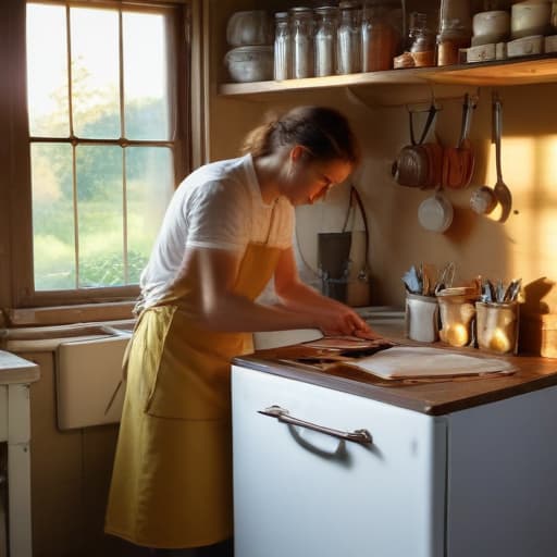 A photo of a skilled appliance technician repairing a vintage refrigerator in a quaint countryside kitchen during late afternoon with warm, golden hour lighting filtering through a small rustic window.