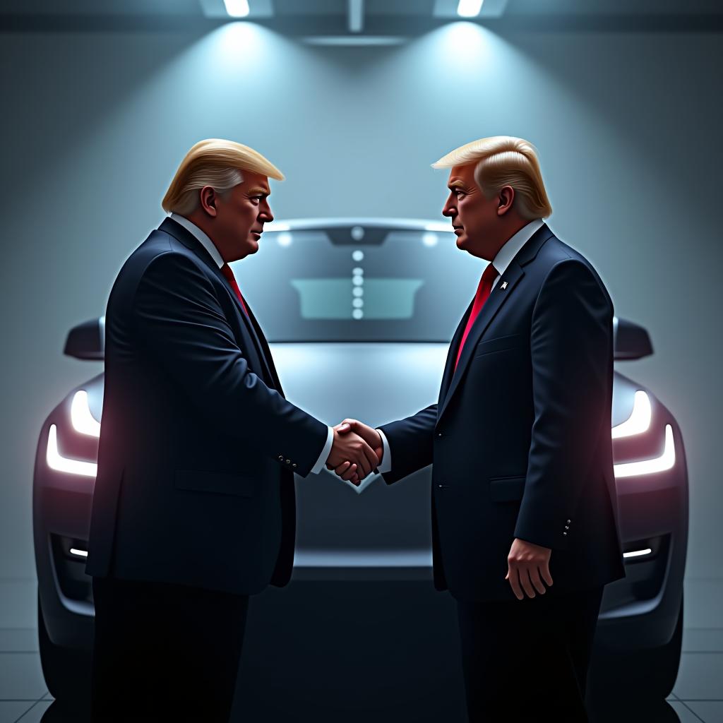  donald trump and elon musk shaking hands in front of a tesla cybertruck hyperrealistic, full body, detailed clothing, highly detailed, cinematic lighting, stunningly beautiful, intricate, sharp focus, f/1. 8, 85mm, (centered image composition), (professionally color graded), ((bright soft diffused light)), volumetric fog, trending on instagram, trending on tumblr, HDR 4K, 8K