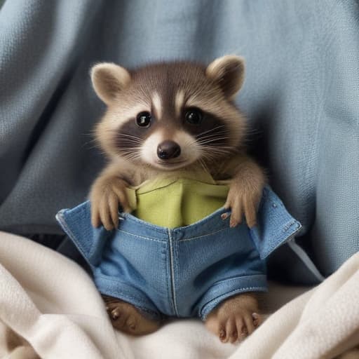 A baby raccoon with overalls and a frog sitting in his pocket