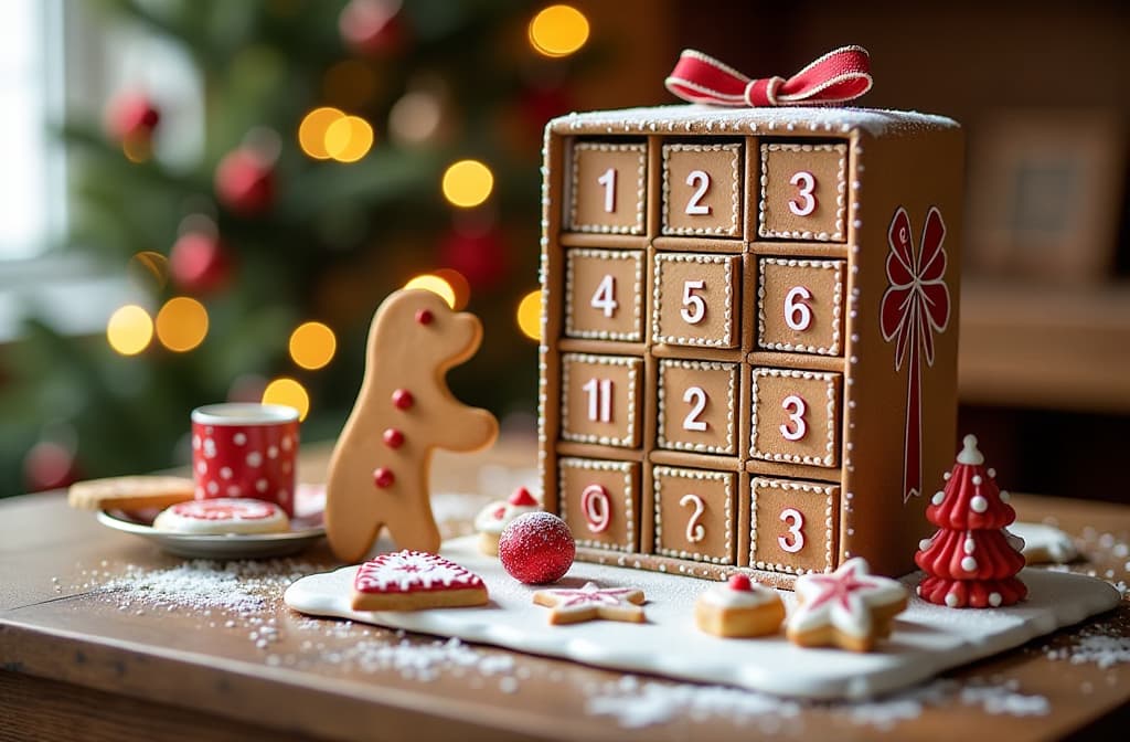  christmas advent calendar of gingerbread and sweets in a craft box is on the table 3:2 ar 3:2 {prompt}, maximum details