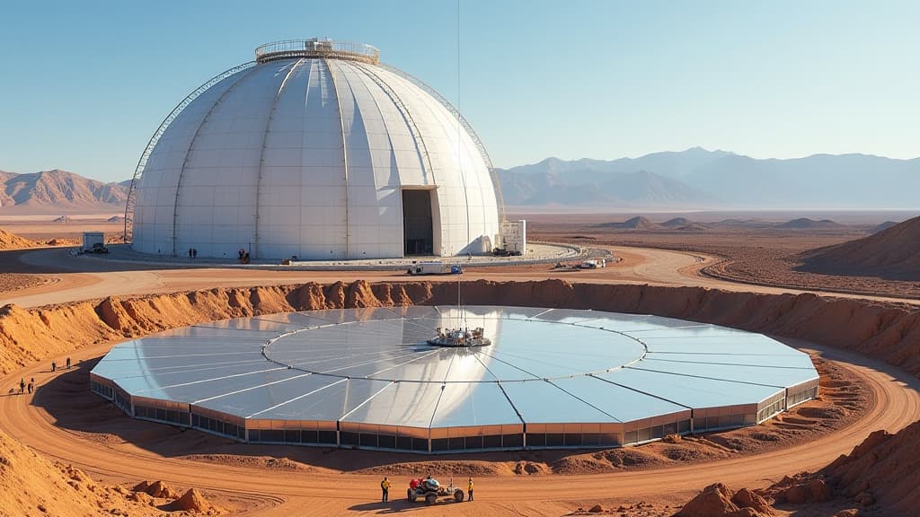  prompt: create a hyper realistic and detailed image of the eso extremely large telescope construction site on cerro armazones in the chilean atacama desert. show the 39 meter main mirror with its 798 hexagonal segments being carefully assembled, capturing over 70% completion. include the telescope dome taking shape in the background, surrounded by the arid desert landscape. highlight the precision and complexity of the construction process, with workers in protective gear meticulously working on