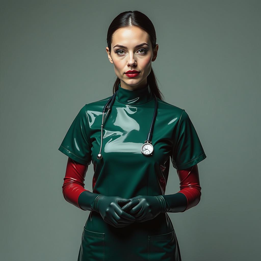  evil lady female surgeon, dressed in glossy latex three colored, dark green, dark blue, red, standing in a sterile posture of readiness of the surgeon, hands in front of her, slightly bent at the elbows, hands parallel, palms against each other, fingers bent, hands in surgical gloves, in his left hand clutches the forceps of the "elastator", in his right hand clutches the forceps with bladed spongs "burdits"