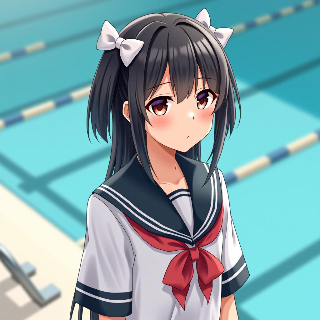  a girl in a school uniform with white bows on her hair is standing by the pool.