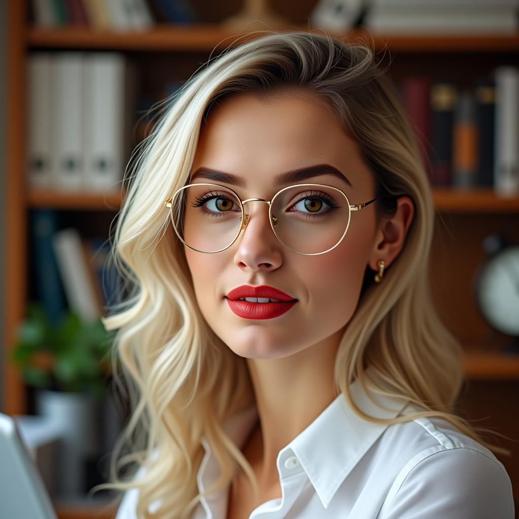  make an image of a woman with blonde hair and brown eyes and red lipstick wearing gold rimmed glasses working as an accountant