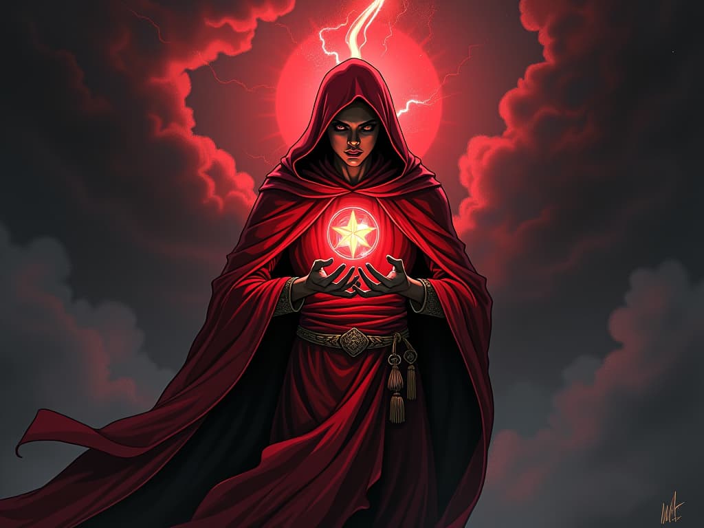  oracle in red robes, holding a glowing gem, rays piercing dark clouds, air of breaking free. the style is digital art illustration / modern comic book / graphic dark novel fantasy and mysterious occult, symbolic, moody lighting, esoteric vibe,high detail on character design. for the color scheme emphasize blacks and reds.