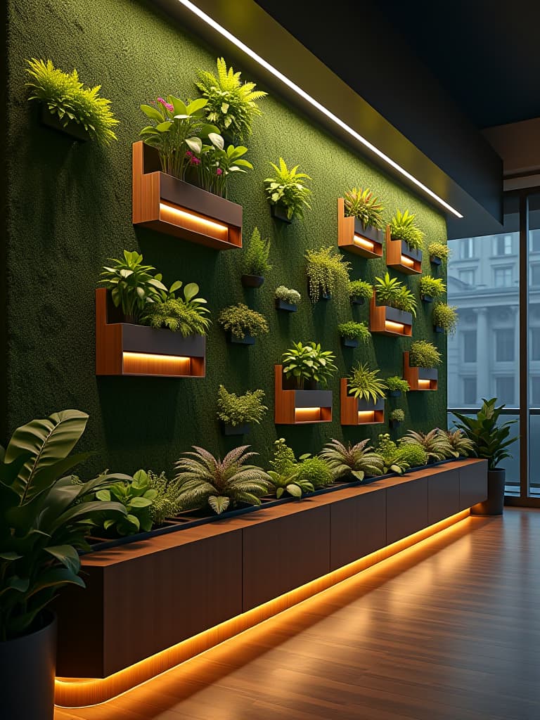  high quality portrait photo of an innovative vertical garden wall integrated with built in seating, featuring a variety of plants and herbs in geometric planters, illuminated by hidden led lights, captured in a wide angle shot hyperrealistic, full body, detailed clothing, highly detailed, cinematic lighting, stunningly beautiful, intricate, sharp focus, f/1. 8, 85mm, (centered image composition), (professionally color graded), ((bright soft diffused light)), volumetric fog, trending on instagram, trending on tumblr, HDR 4K, 8K