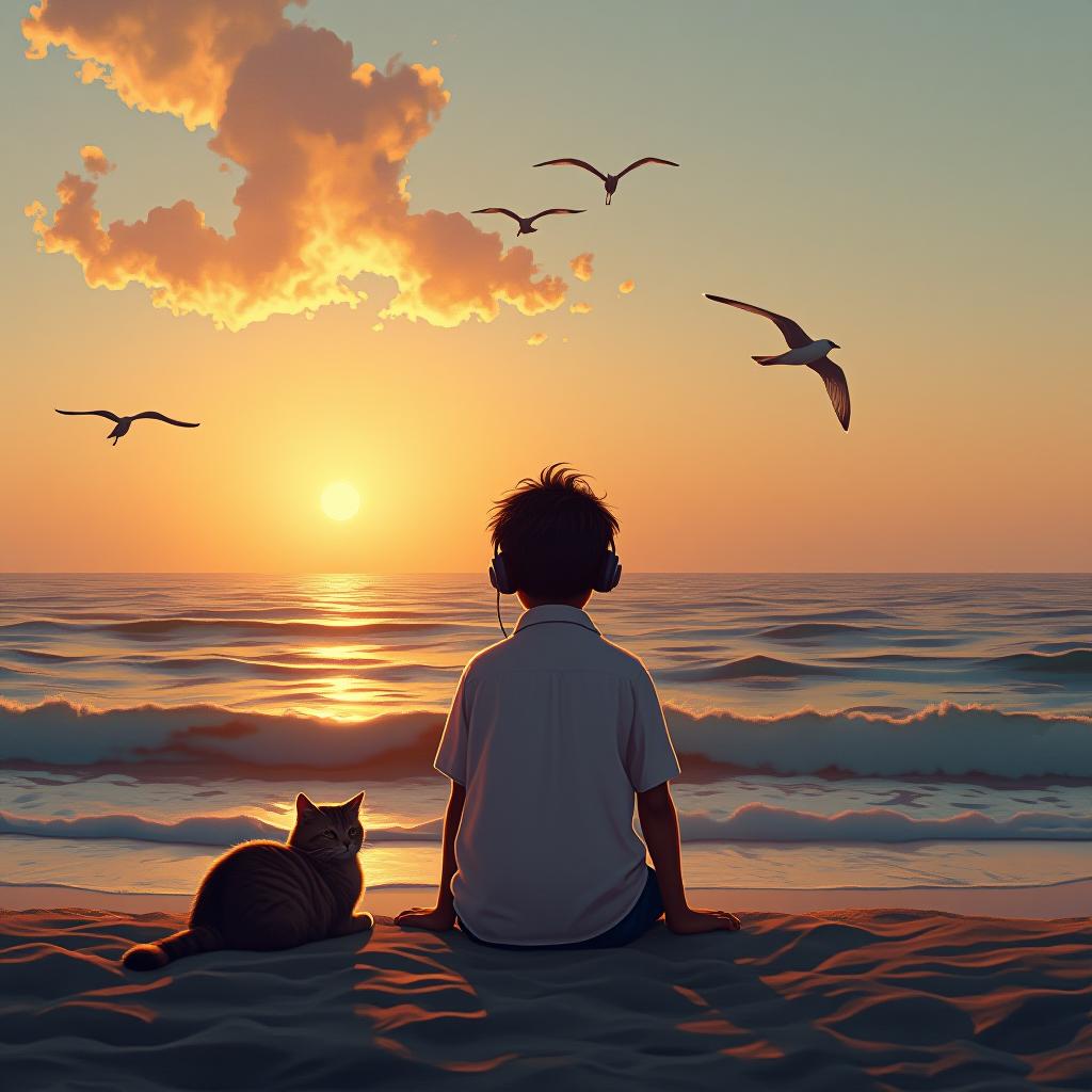  a boy, in a white shirt, with some sadness, with headphones, sitting by the sea, facing the sea, looking west at the sunset, with a little cat lying next to him, with a burning cloud in the far sky, flying a few gulls in the air, award winning, professional, highly detailed, masterpiece