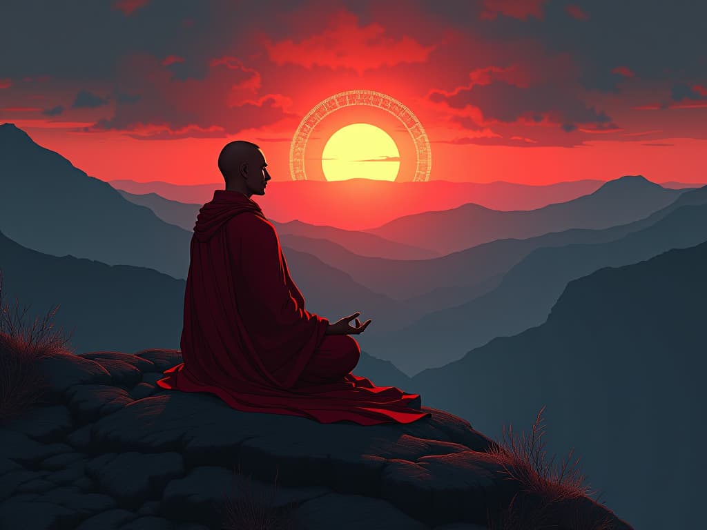  meditative figure in red robes, seated on a hilltop, dawn breaking over mountains, aura of peace and enlightenment. the style is digital art illustration / modern comic book / graphic dark novel fantasy and mysterious occult, symbolic, moody lighting, esoteric vibe,high detail on character design. for the color scheme emphasize blacks and reds.