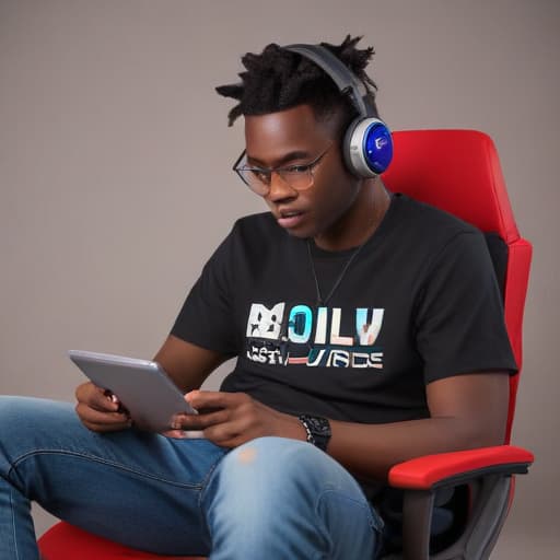 Dark skin anime guy sitting on a gaming chair playing games on a tablet on the t-shirt bold words "Midlaner Lazy" in Cyberpunk style