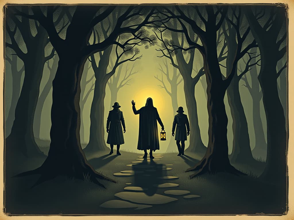  an illuminated figure with a lantern, leading others through a dark forest, shadows cast dramatically, sense of fear and courage among followers, dense canopy above. an illustration in the style of a worn, mystical old tarot trump card, mysterious and elements of surrealism. the colors are muted, somber and eerie, but with contrast bring out an occult and esoteric vibe.