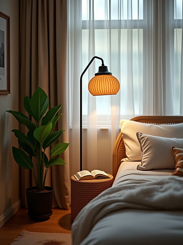  high quality portrait photo of a chic bedroom corner featuring a tall potted plant, a vintage inspired floor lamp, and a cozy reading nook with a faux fur throw blanket hyperrealistic, full body, detailed clothing, highly detailed, cinematic lighting, stunningly beautiful, intricate, sharp focus, f/1. 8, 85mm, (centered image composition), (professionally color graded), ((bright soft diffused light)), volumetric fog, trending on instagram, trending on tumblr, HDR 4K, 8K