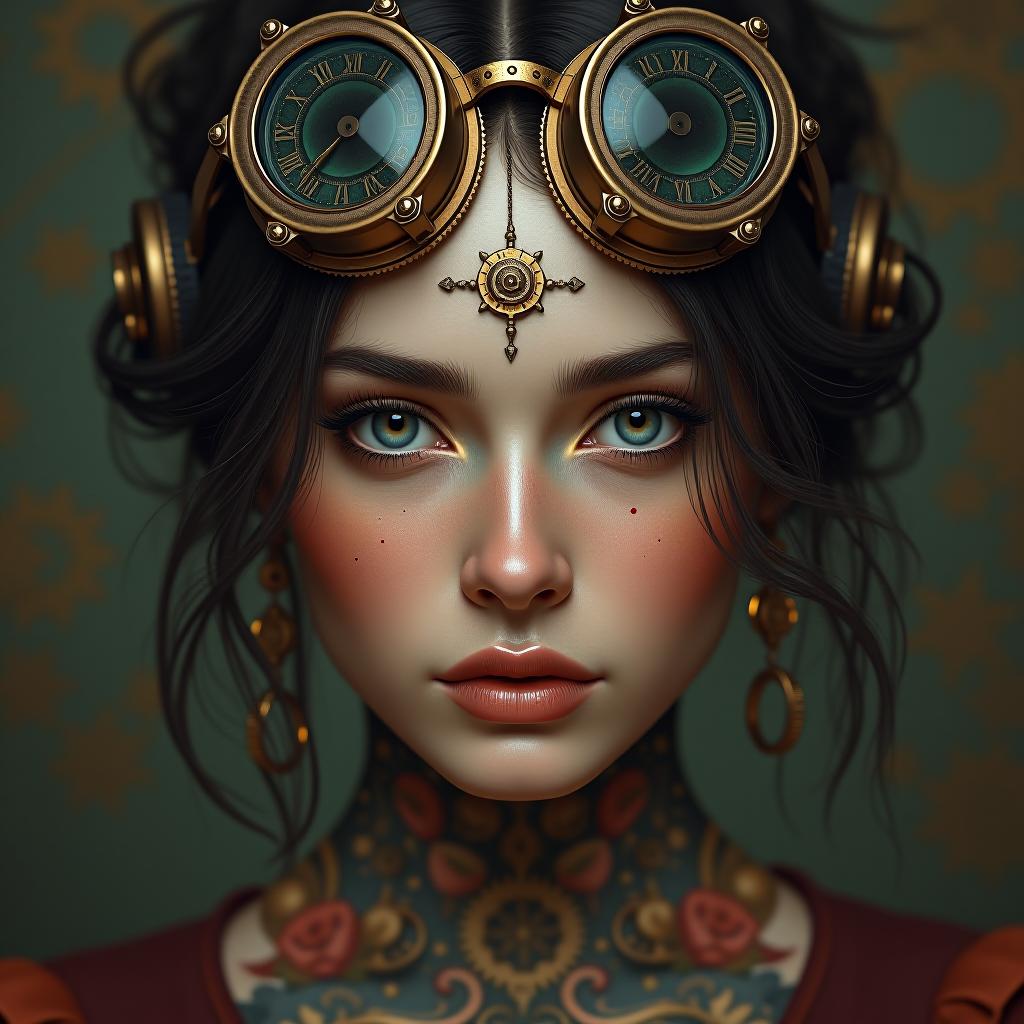  a ly steampunk themed with bronze goggles resting on her head, a hint of age. this hyper realistic portrait captures every intricate detail, from the intricate gears and intricate tattoos adorning her skin to the subtle shadows playing across her features. the image is a striking painting, showcasing the subject's alluring presence in vint colors and meticulous precision, creating a sense of realism that draws the viewer in. every element in the picture is masterfully executed, breathing life into the character and immersing spectators in a world where fantasy meets sensuality. hyperrealistic, full body, detailed clothing, highly detailed, cinematic lighting, stunningly beautiful, intricate, sharp focus, f/1. 8, 85mm, (centered image composition), (professionally color graded), ((bright soft diffused light)), volumetric fog, trending on instagram, trending on tumblr, HDR 4K, 8K