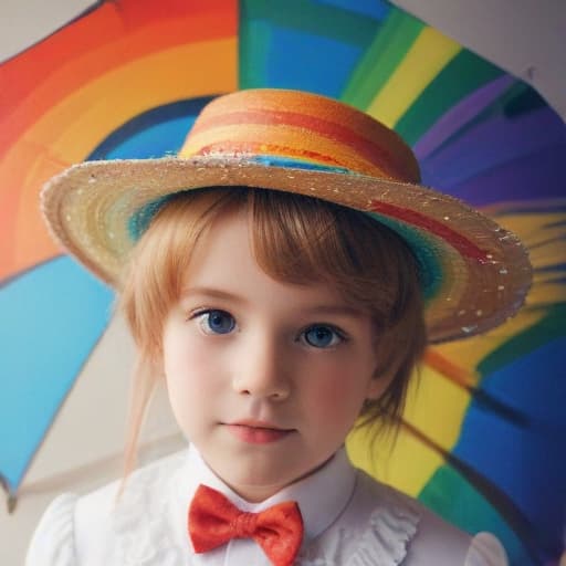 Rainbow drag twink queen cowboy top hat and headdress tuxedo with spur white Elizabethan collar wand parasol in the style of kids' crayon art